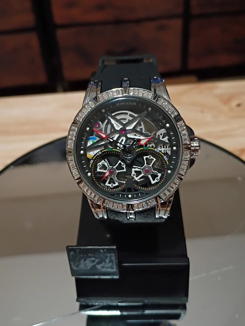 Men's Black Skeletal Mechanical Watch with Silver Case
